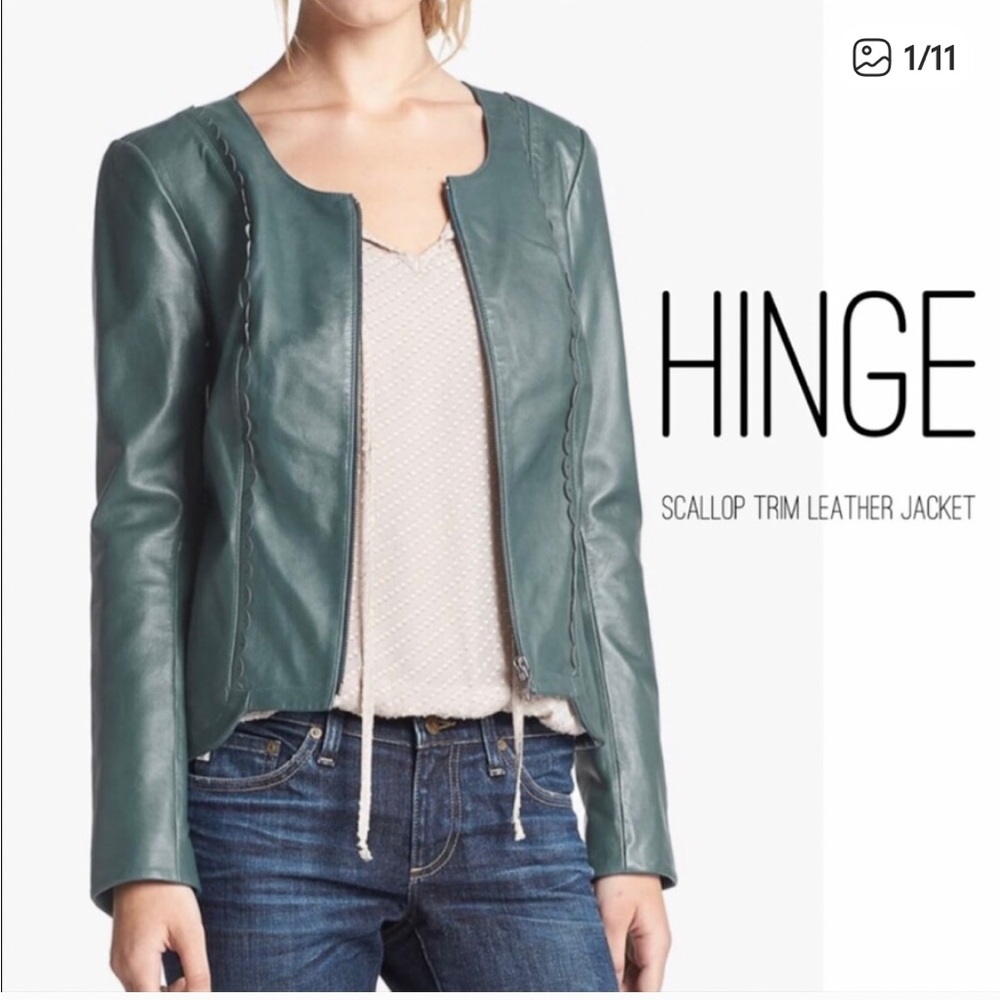 Hinge Teal 100% Genuine Leather Zip-Front Jacket, scalloped trim, Size XS - Picture 11 of 11